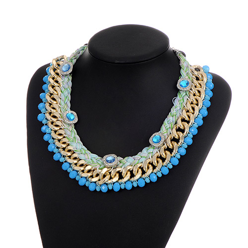 Fashion Blue Diamond&beads Decorated Color Matching Simple Necklace