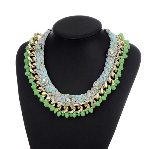 Fashion Green Diamond&beads Decorated Color Matching Simple Necklace