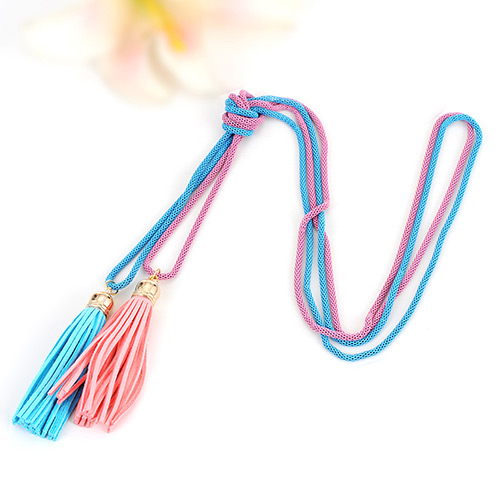 Bohemia Blue+pink Double Layer Tassel Decorated Simple Long Chain Necklace