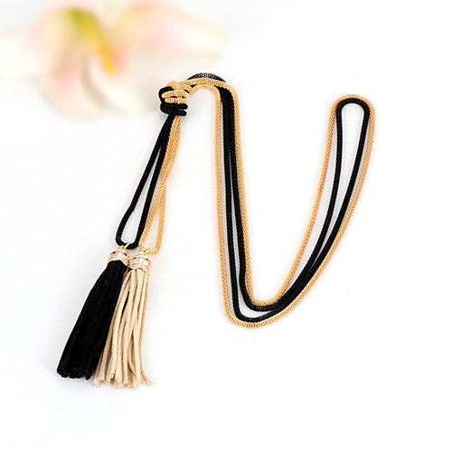 Bohemia Gold Color+black Double Layer Tassel Decorated Simple Long Chain Necklace