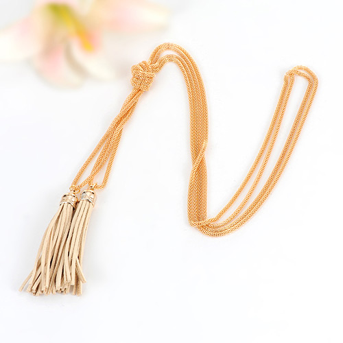 Bohemia Gold Color Double Layer Tassel Decorated Simple Long Chain Necklace