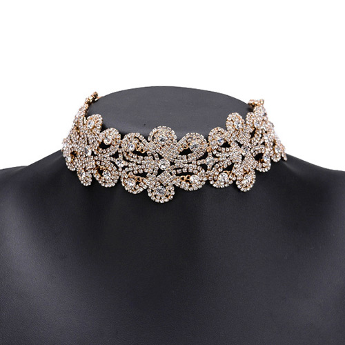 Fashion Gold Color Full Diamond Decorated Hollow Out Flower Design Choker