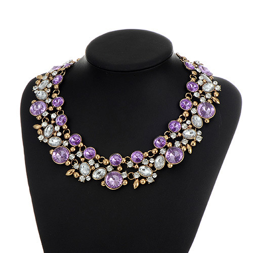 Fashion Purple Round Shape Diamond Decorated Double Layer Necklace