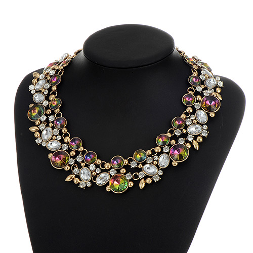 Fashion Multi-color Round Shape Diamond Decorated Double Layer Necklace