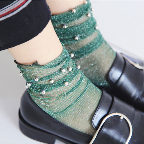 Fashion Green Rivet&pearls Decorated Pure Color Simple Socks