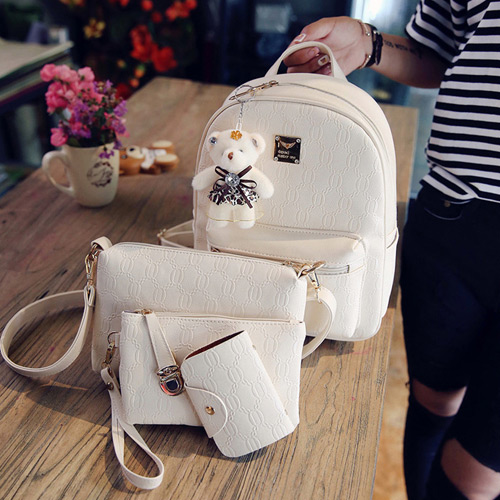Trendy Beige Bear Decorated Pure Color Simple Backpack(4pcs)