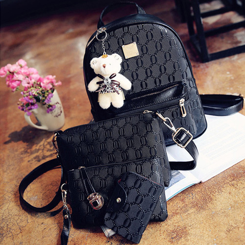 Trendy Black Bear Decorated Pure Color Simple Backpack(4pcs)