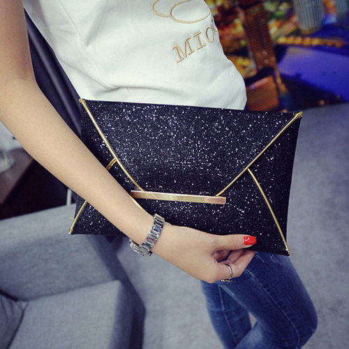 Fashion Black Pure Color Decorated Envelop Shape Simple Handbag