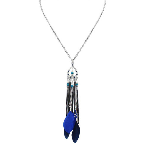 Fashion Blue Feather&long Tassel Pendant Decorated Simple Necklace