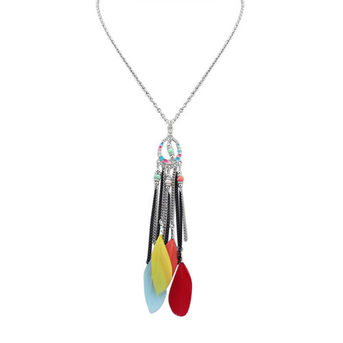 Fashion Multi-color Feather&long Tassel Pendant Decorated Simple Necklace