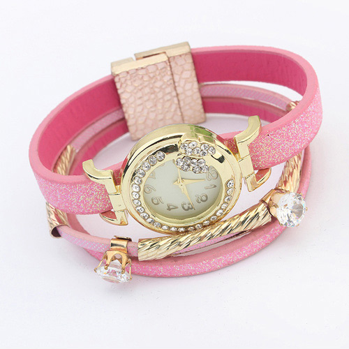 Fashion Pink Double Diamond Decorated Multilayer Watch