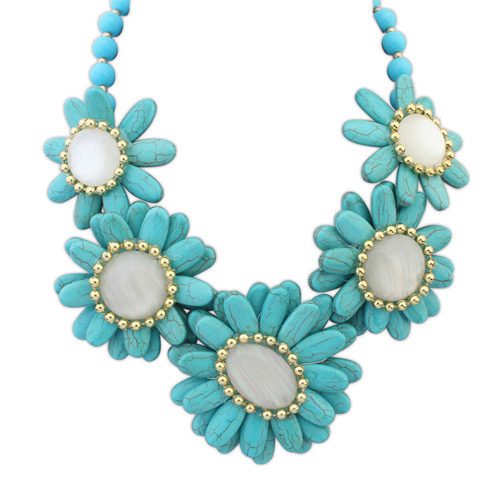 Fashion Blue Beads Decorated Flower Shape Design Necklace