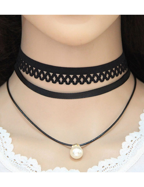 Trendy Black Pearl Decorated Pure Color Multi-layer Lace Necklace