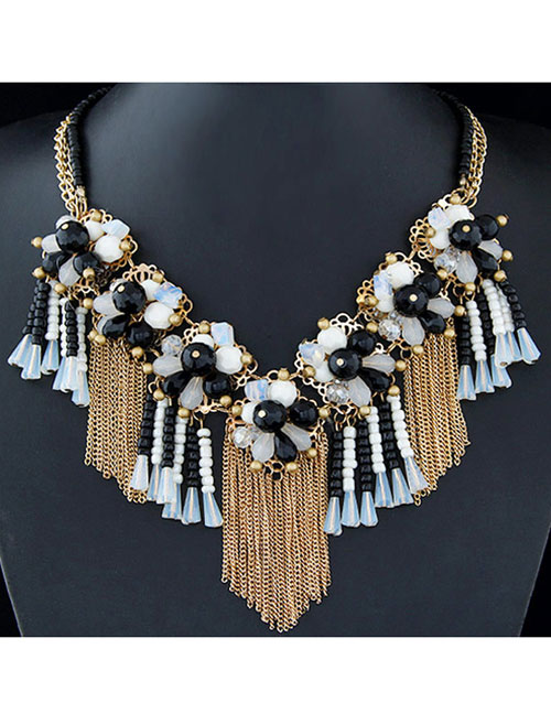 Trendy Black+white Long Tassel Pendant Decorated Color Matching Necklace