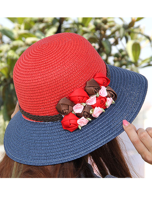 Elegant Red+dark Blue Flowers Decorated Color Matching Sunshade Beach Hat