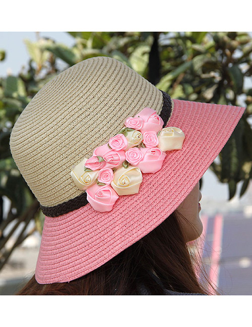 Elegant Pink+beige Flowers Decorated Color Matching Sunshade Beach Hat
