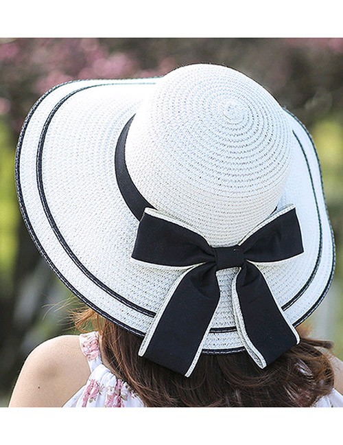 Fashion White Bowknot Decorated Pure Color Sunshade Beach Hat