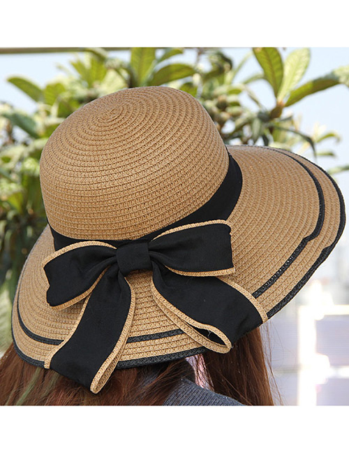 Fashion Khaki Bowknot Decorated Pure Color Sunshade Beach Hat