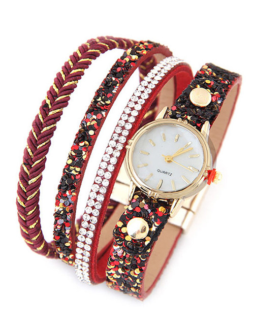 Trendy Red Diamond Decorated Round Dail Multi-layer Simple Watch