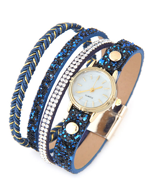 Trendy Blue Diamond Decorated Round Dail Multi-layer Simple Watch