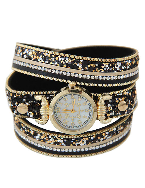 Elegant Black Diamond Decorated Round Dail Multi-layer Simple Watch