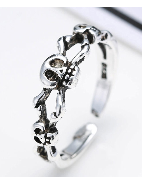 Fashion Antique Silver Skull Decorated Pure Color Simple Opening Ring