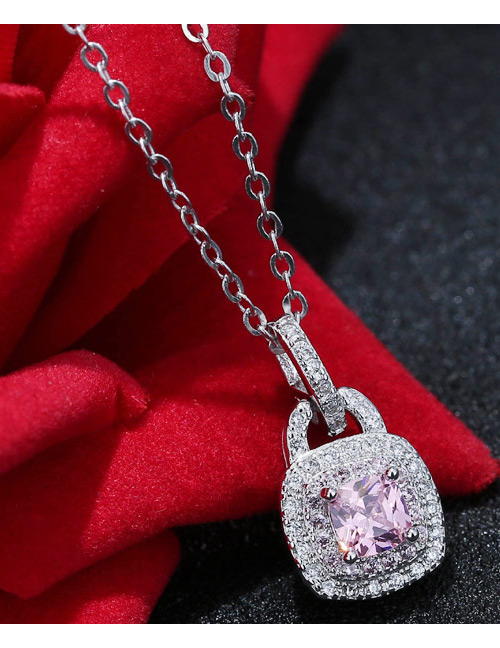 Sweet Silver Color+pink Diamond Decorated Lock Shape Color Matching Necklace