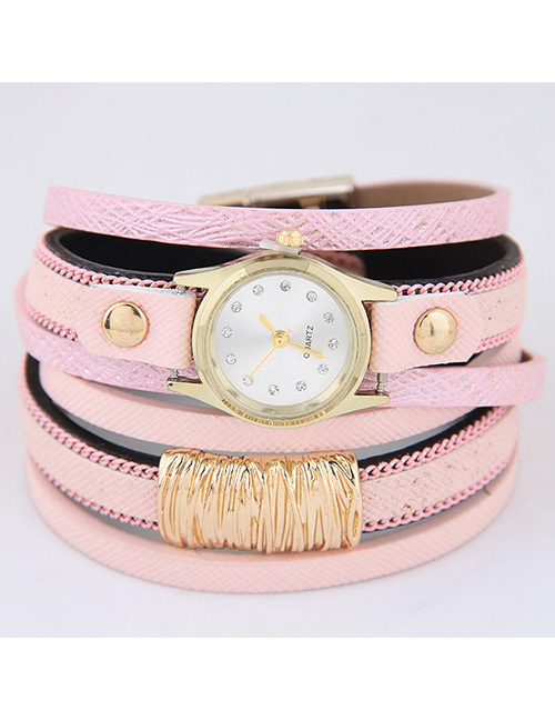 Trendy Pink Pure Color Decorated Multi-layer Simple Watch