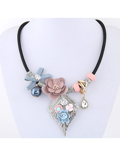 Elegant Pink Flower&leaf Decorated Simple Short Chain Necklace