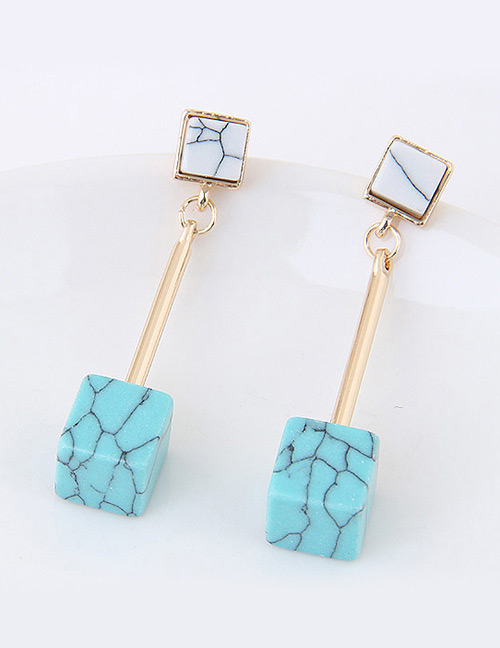 Sweet Blue Square Shape Gemstone Decorated Pure Color Earrings
