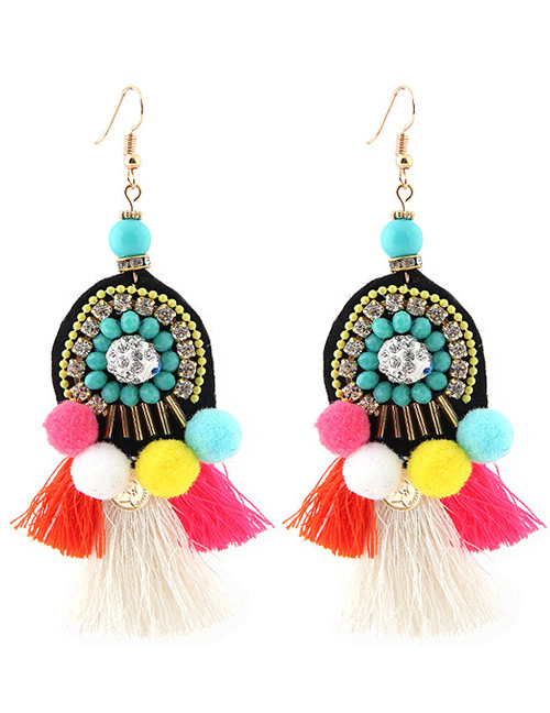 Trendy Multi-color Tassel Decorated Color Matching Pom Earrings
