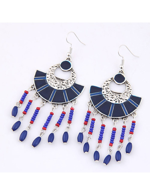 Trendy Dark Blue Long Tassel Decorated Sector Shape Earrings