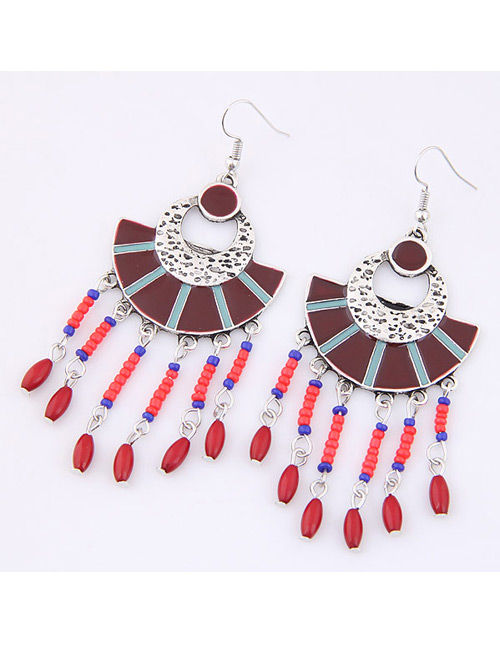 Trendy Red Long Tassel Decorated Sector Shape Earrings