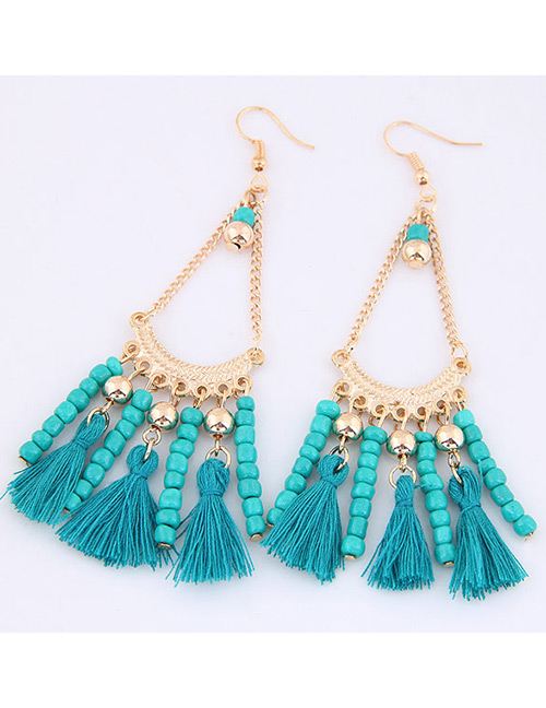Trendy Blue Tassel&beads Decorated Pure Color Earrings