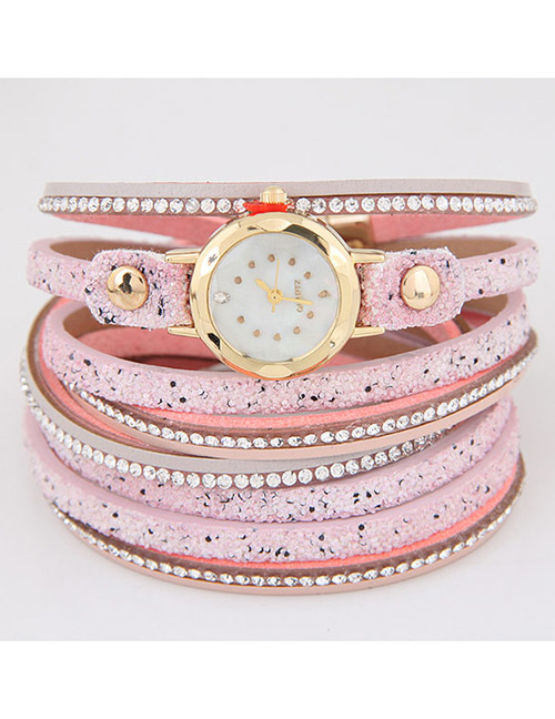 Fahsion Pink Diamond Decorated Round Dial Multi-layer Watch