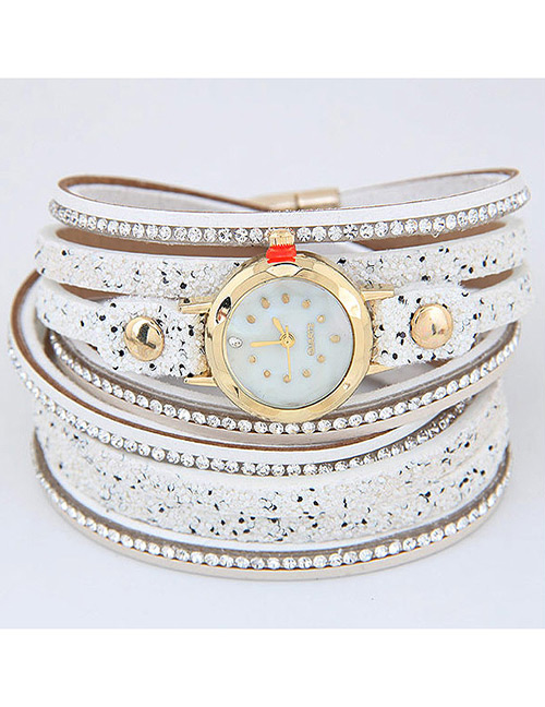 Fahsion White Diamond Decorated Round Dial Multi-layer Watch