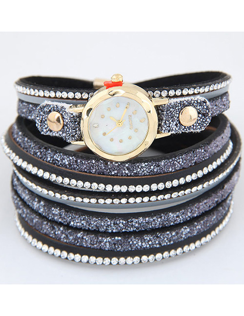 Fahsion Dark Blue Diamond Decorated Round Dial Multi-layer Watch