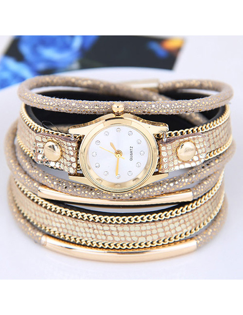 Fahsion Gold Color Diamond Decorated Round Dial Multi-layer Watch