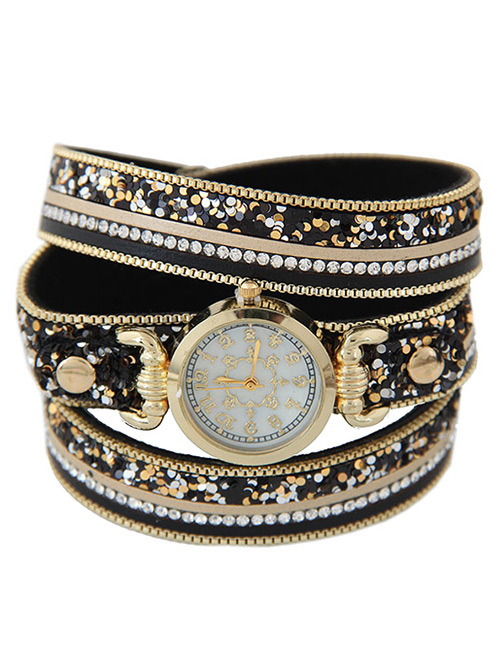 Fahsion Black Rivet&diamond Decorated Round Dial Multi-layer Watch