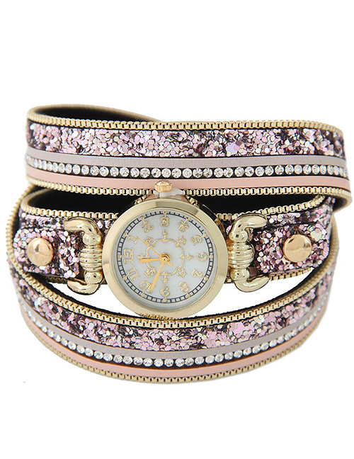 Fahsion Purple Rivet&diamond Decorated Round Dial Multi-layer Watch