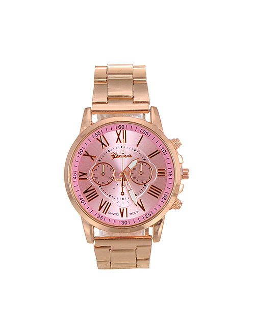 Fashion Pink Color Matching Decorated Round Dail Simple Chain Watch