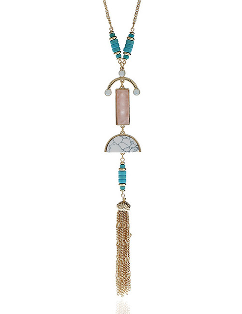 Fashion Pink Long Tassel Pendant Decorated Geometric Shape Long Necklace