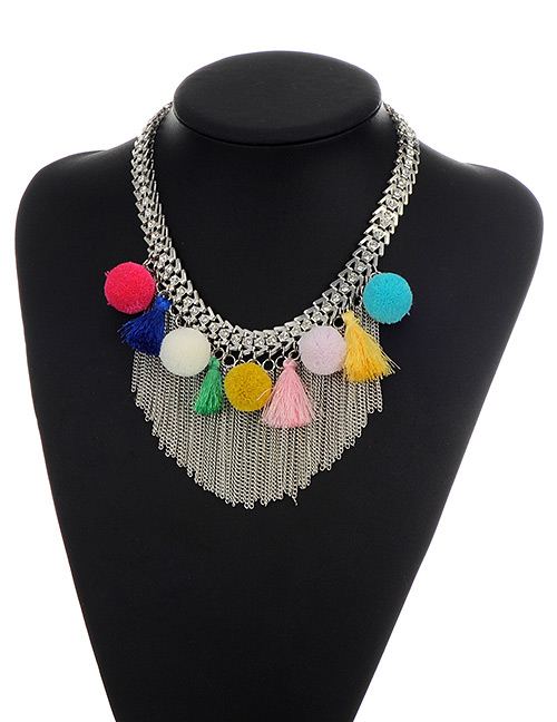 Bohemia Multi-color Fuzzy Ball Pendant Decorated Simple Double Chain Necklace