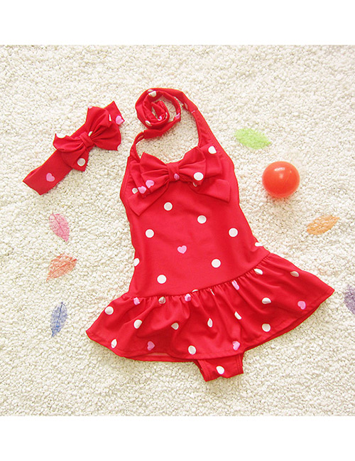 Lovely Red Heart Shape Pattern Decorated Simple Child Swimwear (with Hair Band)