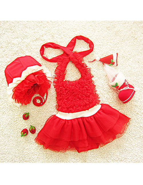 Lovely Red Pure Color Decorated Simple Child Swimwear (with Hat)