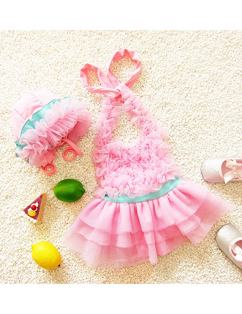 Lovely Pink Pure Color Decorated Simple Child Swimwear (with Hat)