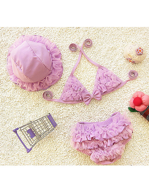 Lovely Purple Pure Color Decorated Simple Child Swimwear (with Hat)
