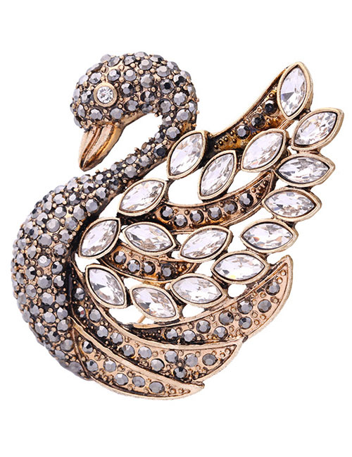 Fashion Gold Color Oval Shape Diamond Decorated Swan Shape Brooch