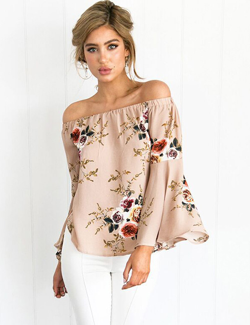 Fashion Coffee Painting Flower Decorated Off Shoulder Long Sleeve Shirt