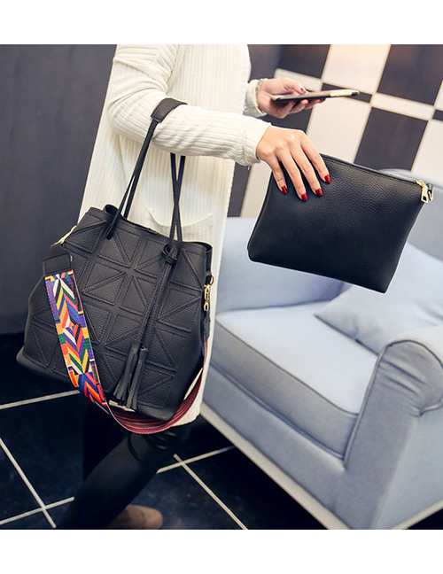 Fashion Black Tassel Pendant Decorated Pure Color Shoulder Bag(2pcs)